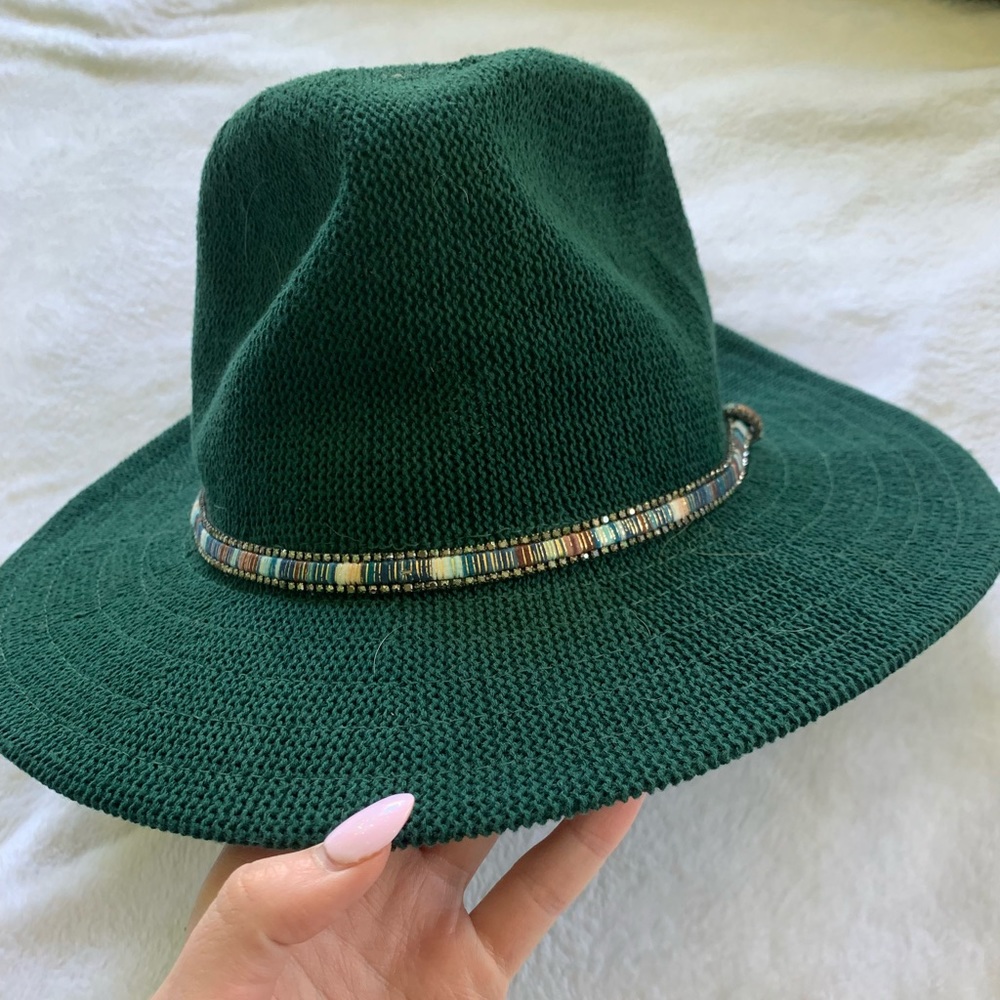 Anthropologie Green Wide-Brim Hat with Beaded Band